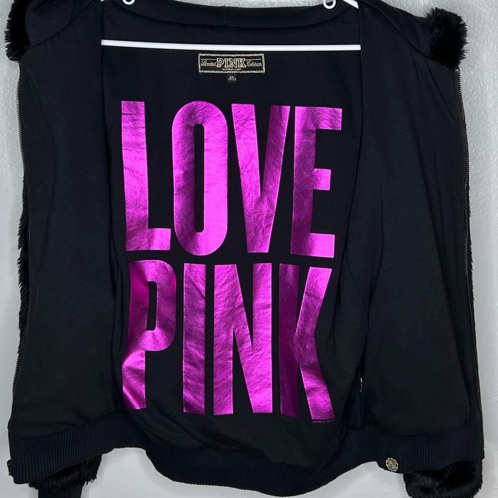 PINK VS LIMITED EDITION BLACK PLUSH FAUX FUR HOODIE COAT JACKET - Picture 5 of 7